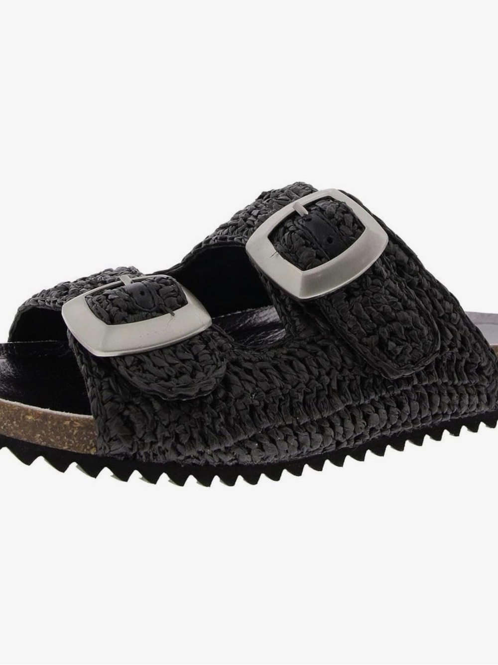 Nine West Black Woven Double-Buckle Slide Sandal with Silver Buckles